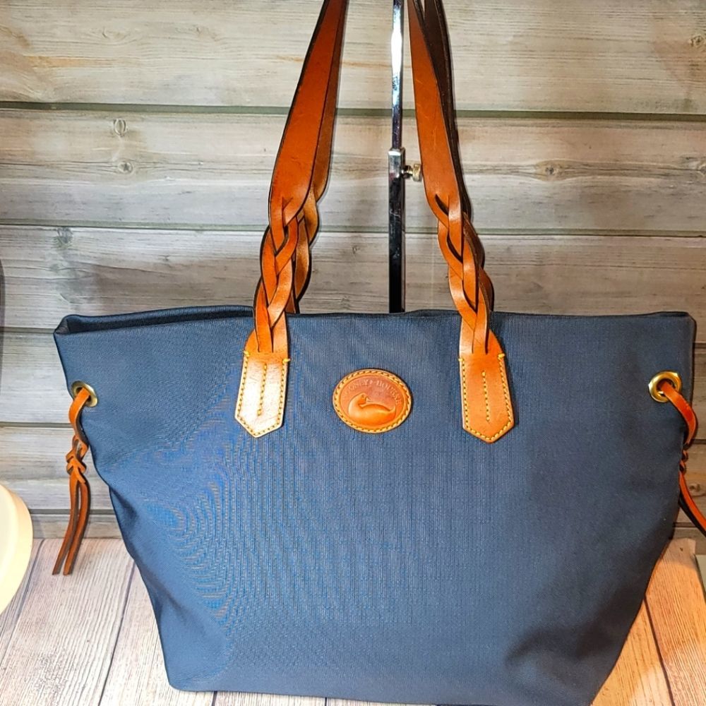 Dooney & Bourke Navy Tote with Cognac Braided Leather Handles